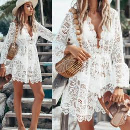 2019 New Summer Women Bikini Cover Up Floral Lace Hollow Crochet Swimsuit CoverUps Bathing Suit Beachwear Tunic Beach Dress 18446440