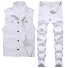 White Men039s Vest and Jeans 2pcs Sets Summer Tracksuits Ripped Hole Slimfit Denim Waistcoat Pants Two Piece Set Conjuntos d6341247