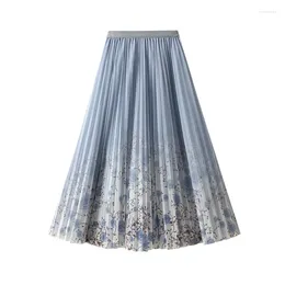 Skirts Printed Mesh Half For Women In Spring And Summer 2024 Floral Yarn Medium Length Draped Pleated Skirt Long J898