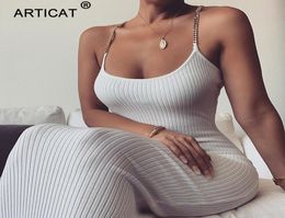 Casual Dresses Metal Chain Strap Ribbed Sexy Bodycon Dress Sleeveless ONeck Sheath Summer White Backless Beach Long7590178