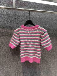 Women's T Shirts 2024 Summer High Quality Macaron Striped Sweater T-shirt Colour Letter Nail Beads