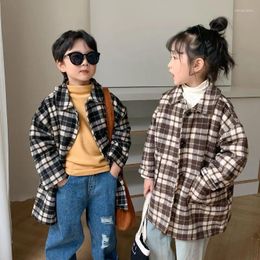 Jackets Children Coat 2024 Autumn Winter Boys And Girls Mid Length Lapel Wool Plaid Casual Simple Fashionable Padded Kids