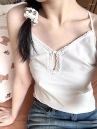 Women's Tanks 2024 White Lace Trim Sweet Tank Tops Women Summer Cotton V Neck Sleeveless Button Camisole Vest Solid Cute Basic Crop Top Y2k
