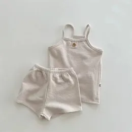 Clothing Sets Baby Clothes Summer Strap Shorts Set 2024 Boys And Girls Korean Style Thin Cotton Solid Colour Simple Two Piece