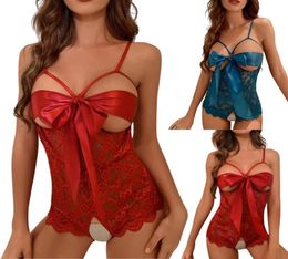 Casual Dresses Women Crotchless Sexy Lingerie Cutout Floral Lace Bow Bodysuit With Adjustable Spaghetti StrapCasual3290847