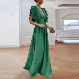 Casual Dresses Fashion Women Solid Colors Vintage Elegant Sleeveless Ruffle Backless V-Neck Evening Party Long Maxi Dress Vestidos#g3