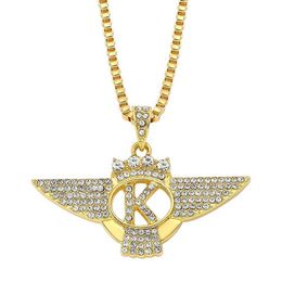 Pendant Necklaces Hip Hop Rock Necklace Gold Rhinestone Wings Crown Letter K Pendant Necklace Charm Accessories High Quality Gift J240516
