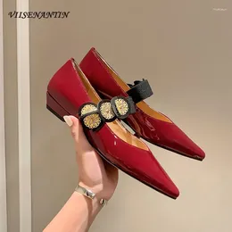 Casual Shoes Wine Red Metal Leather Shallow Mary Janes Gold Flowers Decor Elastic Strap Low Heel Loafers Women Mules