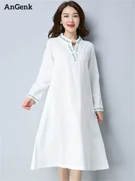 Casual Dresses Cotton Embroidery Vintage For Women 2024 Spring Autumn Long Office Lady Work Art Dress Femme Robe Elegant Clothes