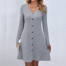 Casual Dresses Autumn And Winter Women Knitted Cotton Dress Solid V-Neck Long Sleeve Wrapped Hip Button Slim Sweater Vestido