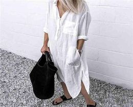 Summer Dress For women Linen Maxi Shirt es Ladies Elegant Casual Vestidos Female Tunic Plus size 5XL Long White 2107295964884