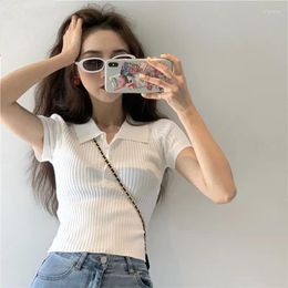 Women's Polos Polo Collar White Short-sleeved T-shirt Summer French Niche Design Short Tight Top Knitted Sweater