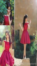 Little Red Short Cocktail Dresses Knee Length Off the Shoulder Lace Top A Line Satin Formal Party Wear Short Prom Dress6381410