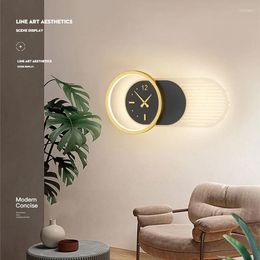 Wall Lamp Modern LED Clock Golden Nordic Round Light With For Bedroom Bedside Living Background Decoration