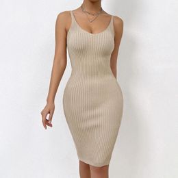 Casual Dresses Solid Color Knitting Tunic Waist Midi Dress For Women Fashion Elegance Sexy Clothing V Neck Spaghetti Strap Ribbed Bodycon