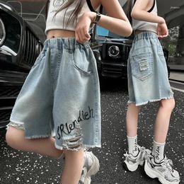 Trousers 4 6 8 10 12 14 Summer Teenager Girls Hole Denim Shorts Casual Burr Edge Hand Drawn Letters Junior Girl Half Pants Kids Clothes