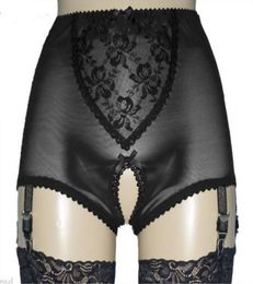 Sexy Women Open Crotch Shorts with 4Metal Buckles Short Straps Lace and Mesh Lingerie Suspender Elastic Garter Belt with Satin Bo1644840