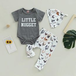 Clothing Sets 0-18M Toddler Baby Boys Girls Clothes 3pcs Short Sleeve Letter Print Romper Tractor/Chicken Pants Knot Hat Casual Outfits