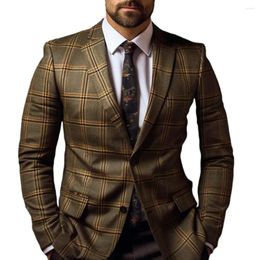 Men's Suits Men Slim Fit Suit Jacket Long-sleeve Businesscoat Elegant Plaid Print Coat For Formal Business Style With Work