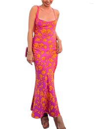 Party Dresses Women S Spaghetti Strap Floral Print Maxi Dress Sleeveless Low Cut Back Cross Bandage Long