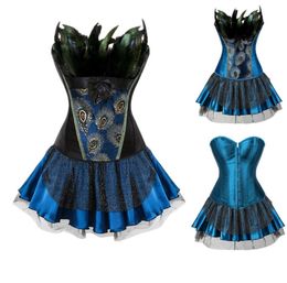 Women Burlesque Corset Skirt Outfit Plus Size S6XL Feathers Ruffle Peacock Embroidery Brocade Overbust Corset with Layered Mini T1468746