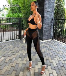 Women039s Two Piece Pants ANJAMANOR Sexy Mesh Leggings and Bikini Top Two Piece Set Club Outfits for Women Matching Sets Ladies5995913