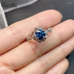 Cluster Rings Silver 925 Original 1 Brilliant Cut Diamond Test Past Blue Moissanite Blossom Ring For Teen Girls Real Gemstone Jewelry
