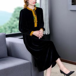 Casual Dresses Silk Long-Sleeved Wide Lady Black Dress 2024 Autumn And Winter Gold Velvet Noble Western Style Loose Large Size Long Skirt