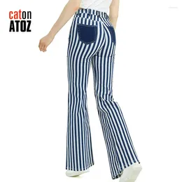 Women's Jeans CatonATOZ 2481 Women High Waist Casual Fashion Patchwork Stripes Stretch Loose Big Flared Wide Leg Trousers Ladies Pants