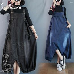 Women's Jeans Aricaca Two Styles Vintage Printed Denim Overalls Women's Button Split Bloomers Oversize Dress Jumpsuit Baggy Clothing