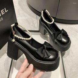 Dress Shoes Beaded Bow Women High Heels Platform Maries Janes Autumn 2024 Elegant Trend Chunky Shallow Mujer Zapatos Pumps