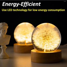 Table Lamps 3D Crystal Ball Night Light With Wooden Base Warm Dandelion Flower Lamp Desk Ornament Birthday Gift Home Office Decor