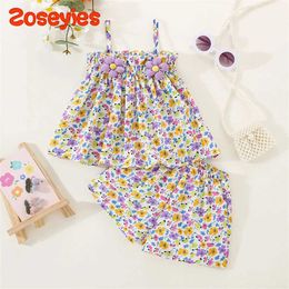 Clothing Sets Summer Baby Girls 2-piece/set with floral top and chiffon shorts for cool beach daily home wear J240518