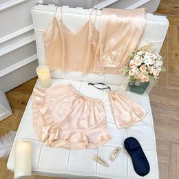 2024 Thin champagne three piece pajama set with spring/summer suspender shorts and long pants for home wear casual soft pajama set