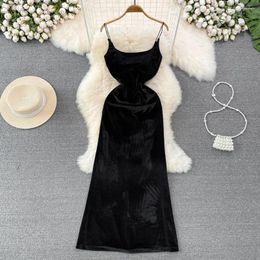 Casual Dresses Socialite Temperament Sexy Black Suspender Waist Back Slit Velvet Dress