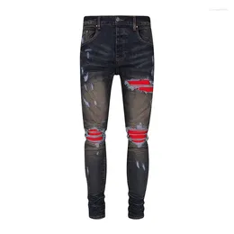 Men's Jeans Street Fashion High Quality Vintage Black Grey Elastic Slim Fit Split Patch Designer Hip Hop Brand Pants