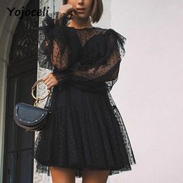 Casual Dresses Yojoceli Sexy Party Club Black Mesh Lace Dress Women Dot Ruffled Two Pieces Set 2024 Female Vestidos