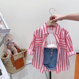 Clothing Sets Summer 2024 Fashion Korean Girl Striped Long-sleeved Shirt Vest Shorts Three Pieces Set