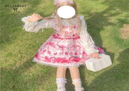 Sommer JSK süße Erdbeer -ärmellose Kleid Lolita Pink Ruffled Bubble Cherry Sling Kawaii Mädchen Loli Cosplay 2105208936702