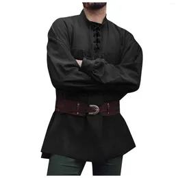 Men's Casual Shirts Mediaeval Clothing Vintage Stand Up Steam Eye Lace Loose Shirt Long Men Korean Comfortable Blouses