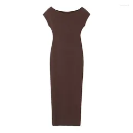 Casual Dresses YENKYE 2024 Women Brown Wide Neckline Short Sleeve Fitted Midi Sexy