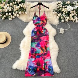 Casual Dresses Foamlina Women Sexy Tie Dye Print Beach Dress Summer Fashion Lace Up Halter Neck Sleeveless Backless Slim Party Maxi Vestido