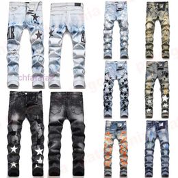 Mens Designer Jeans Fashion European America Style Jean Hombre Letter Star Embroidery Pants Patchwork Ripped for Motorcycle Pant Skinny TRC0 AG5X AG5X