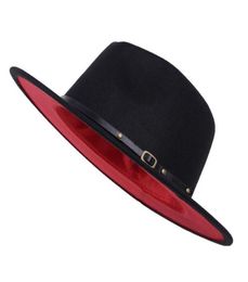 Whole Unisex Flat Brim Wool Felt Fedora Hats with Belt Red Black Patchwork Jazz Formal Hat Panama Cap Trilby Chapeau for Men W47949418021