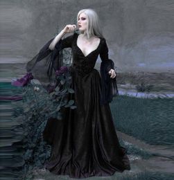 Abito gotico nero donna retrò patchwork sexy in pizzo abito medievale costumi di Halloween per donne profonde vneck Renaissance4680191