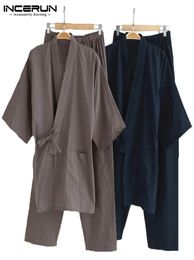 Men Kimono Pajamas Japanese Style Cotton Homewear Tops Pants Set Bathrobe Solid Color Retro Casual Comfy Sleepwear Suits Men 5XL6076250