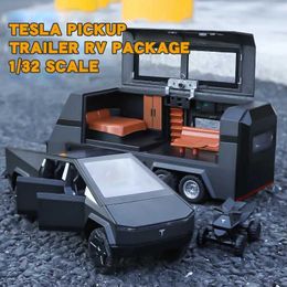 Diecast Model Cars New 1/32 Tesla Cybertruck Pickup Trailer Alloy Car Model Diecast Metal Toy Off-road Vehicle Truck Model Sound Light Kids Gifts Y240520FC9O