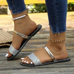 Casual Shoes Sandals Women's Flat Bottom 2024 Summer Soft Sole Versatile And Not Tired Foot One Line With Water Diamond Roman