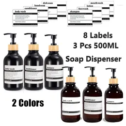 Liquid Soap Dispenser 3 Pack 16.9oz Bathroom Kitchen Empty Bamboo Pump Bottles Shampoo Hands Sub-bottle With 8 Waterproof Labels