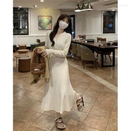 Casual Dresses Elegant Solid Women Knitted Dress Simple Korean Slim Long Sleeve Ankle Length Autumn Winter 2024 Chic B130
